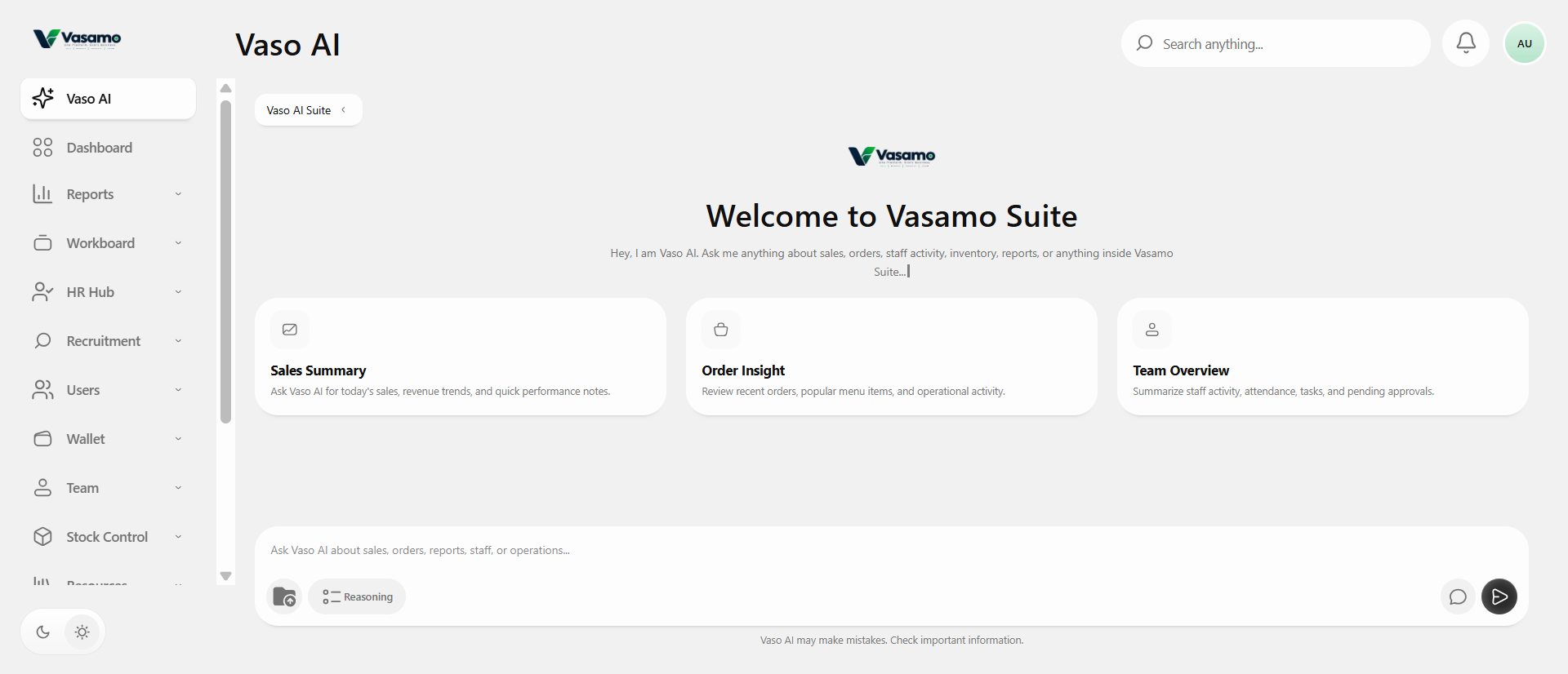 Vaso AI home with sales, orders, and team prompts